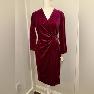 Anne Klein Red Raspberry Velvet Ruched Wrap Dress V-Neck 3/4 Sleeve